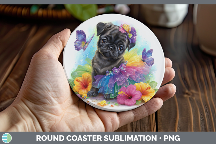 Black Pug Round Coaster Dogs 05 Rainbow Summer Sublimation C