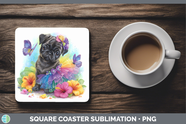 Black Pug Square Coaster Dogs 05 Rainbow Summer Sublimation