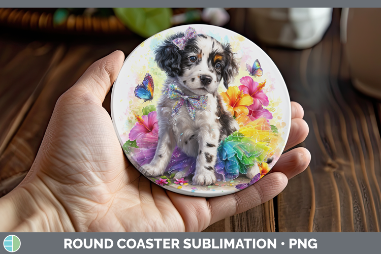 English Setter Black and White Round Coaster Dogs 05 Rainbow