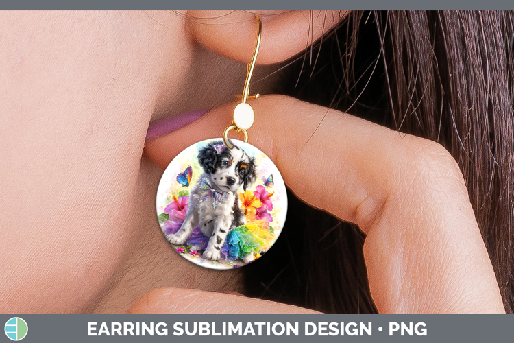 English Setter Black and White Round Earrings Dogs 05 Rainbo