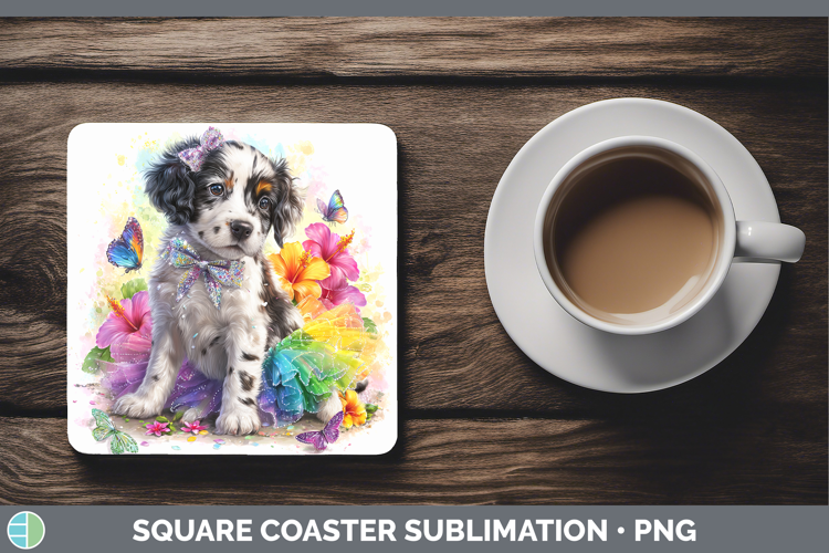 English Setter Black and White Square Coaster Dogs 05 Rainbo