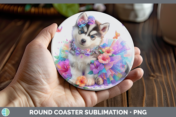 Siberian Husky Round Coaster Dogs 05 Rainbow Summer Sublimat