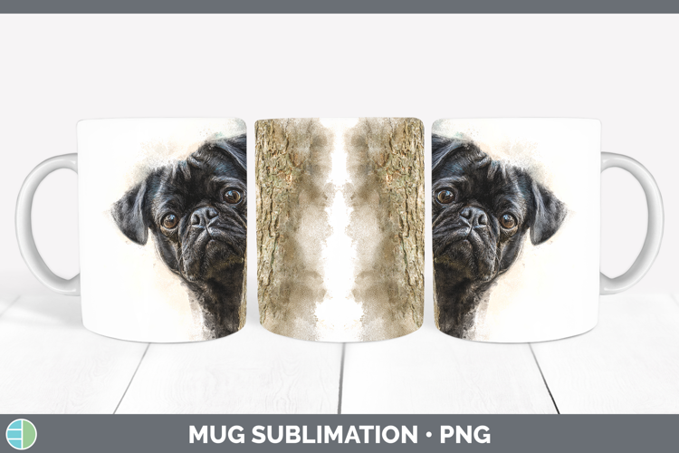 Black Pug Dogs 05 Tree Peek Mug Wrap Sublimation Design