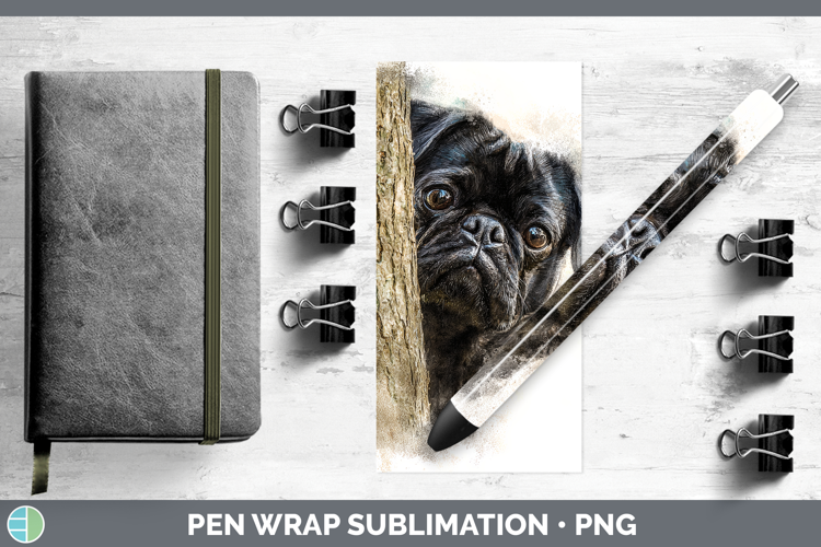 Black Pug Dogs 05 Tree Peek Pen Wrap Sublimation Design