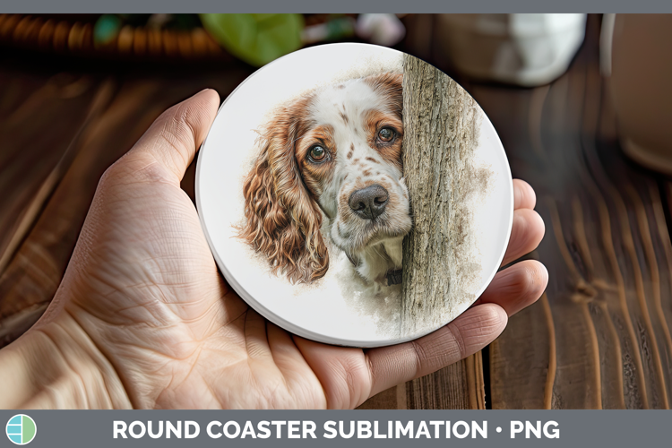 English Cocker Spaniel Dogs 05 Tree Peek Round Coaster Subli