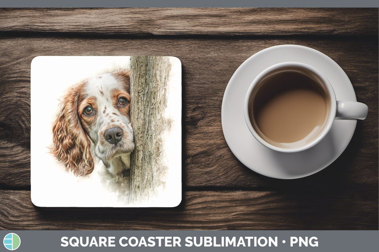 English Cocker Spaniel Dogs 05 Tree Peek Square Coaster Subl