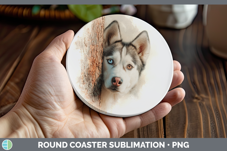 Siberian Husky Dogs 05 Tree Peek Round Coaster Sublimation D