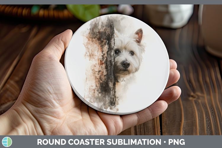 White Highland Terrier Dogs 05 Tree Peek Round Coaster Subli