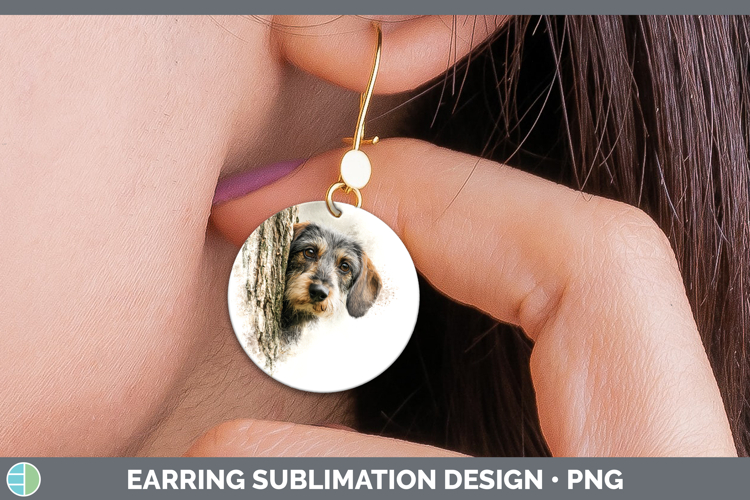 Wire Haired Dachshund Dogs 05 Tree Peek Round Earrings Subli