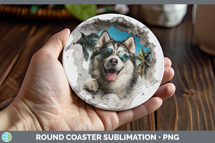 Dogs 3D Palm Tree Hole in he Wall Alaskan Malamute Round Coa