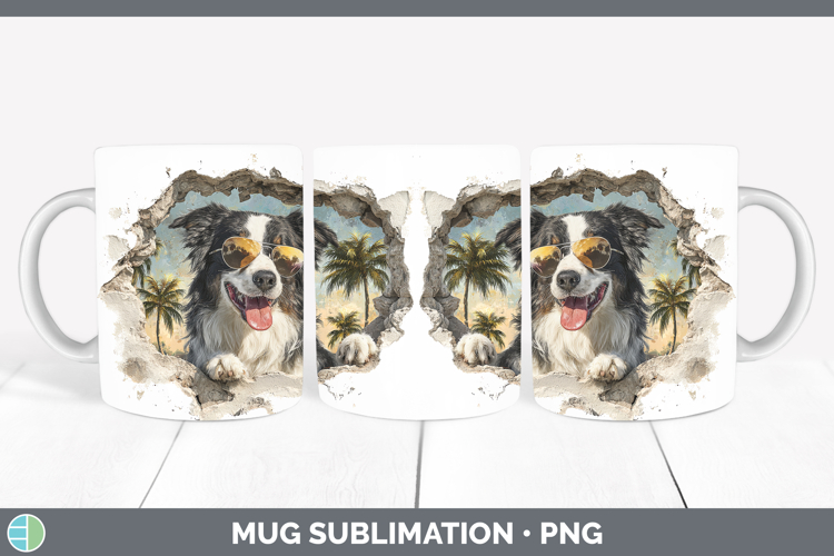 Dogs 3D Palm Tree Hole in he Wall Border Collie Mug Wrap Sub