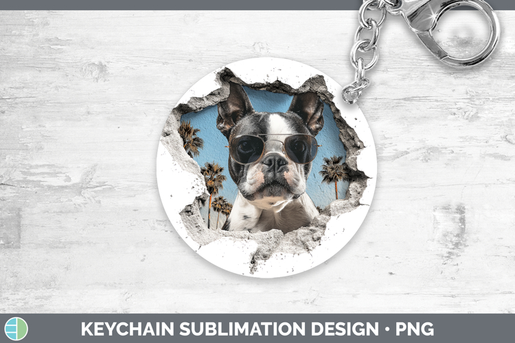 Dogs 3D Palm Tree Hole in he Wall Boston Terrier Keychain Su