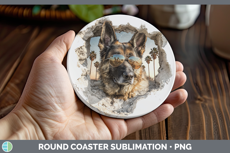 Dogs 3D Palm Tree Hole in he Wall German Shepherd Round Coas