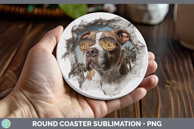 Dogs 3D Palm Tree Hole in he Wall Pit Bull Round Coaster Sub