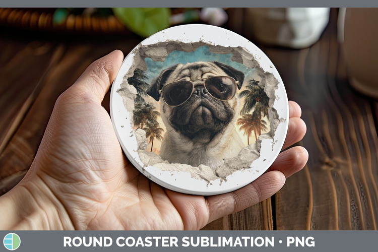 Dogs 3D Palm Tree Hole in he Wall Pug Round Coaster Sublimat