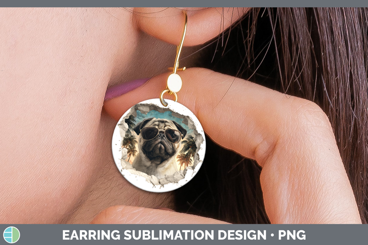Dogs 3D Palm Tree Hole in he Wall Pug Round Earrings Sublima