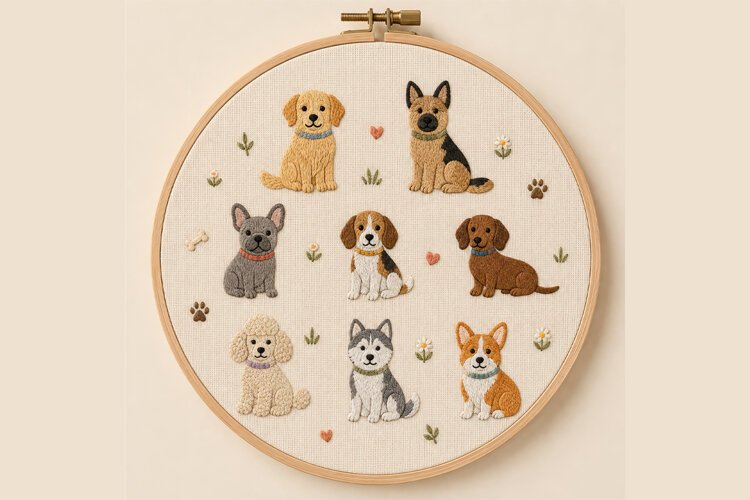 Dog Breeds Hand Embroidery Pattern PDF Cute Puppy Hoop Begin example image 1