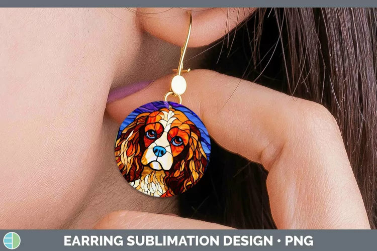 Dogs Stained Glass Cavalier King Charles Spaniel Round Earri