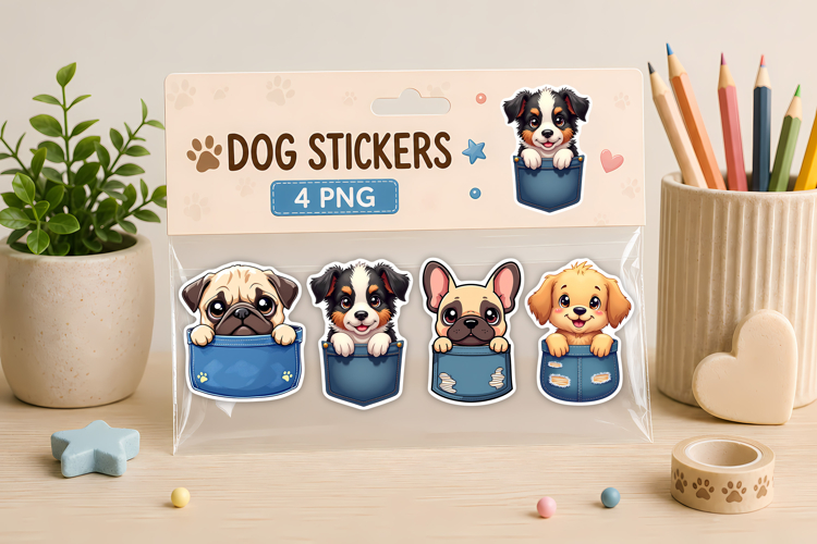 Cute Dog Pocket Stickers Printable PNG | Animal sticker PNG example image 1