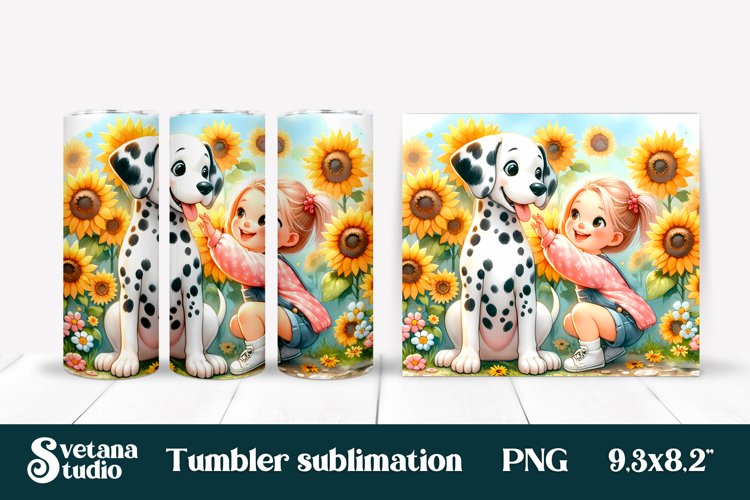 Dalmatian dog girl sunflower tumbler wrap sublimation design