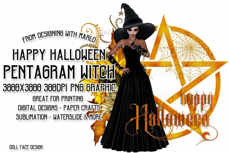 Happy Halloween Pentagram Gothic Doll Face Witch PNG Graphic