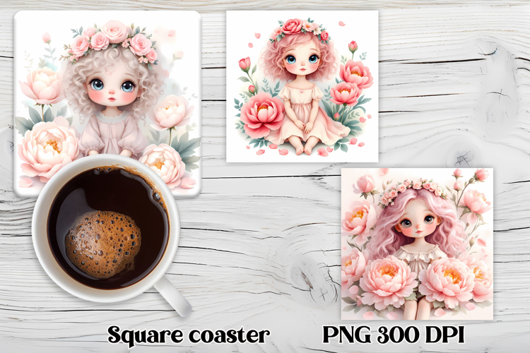 Cute doll flower square coaster sublimation | Sweet doll PNG