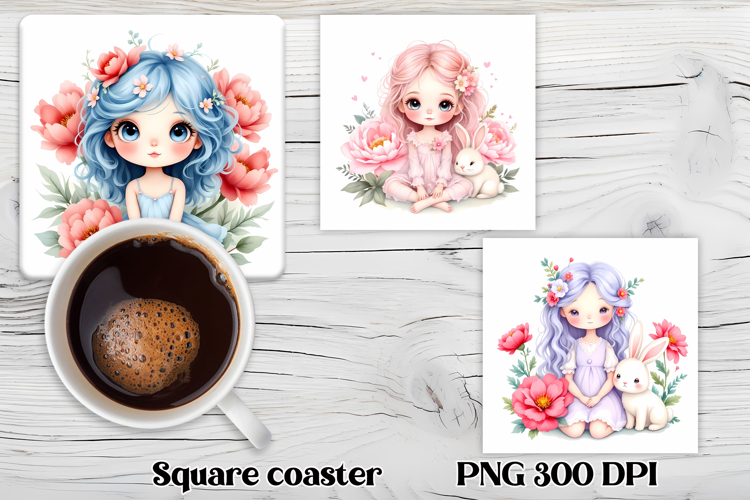 Cute doll flower square coaster sublimation | Sweet doll PNG