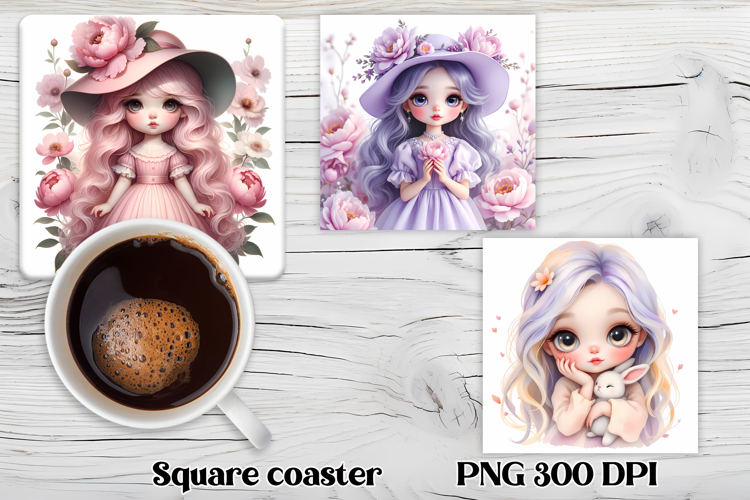 Cute doll flower square coaster sublimation | Sweet doll PNG