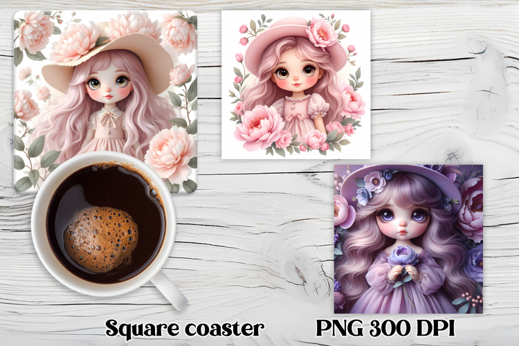Cute doll flower square coaster sublimation | Sweet doll PNG