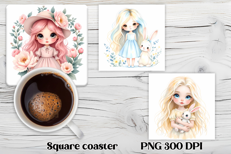 Cute doll flower square coaster sublimation | Sweet doll PNG