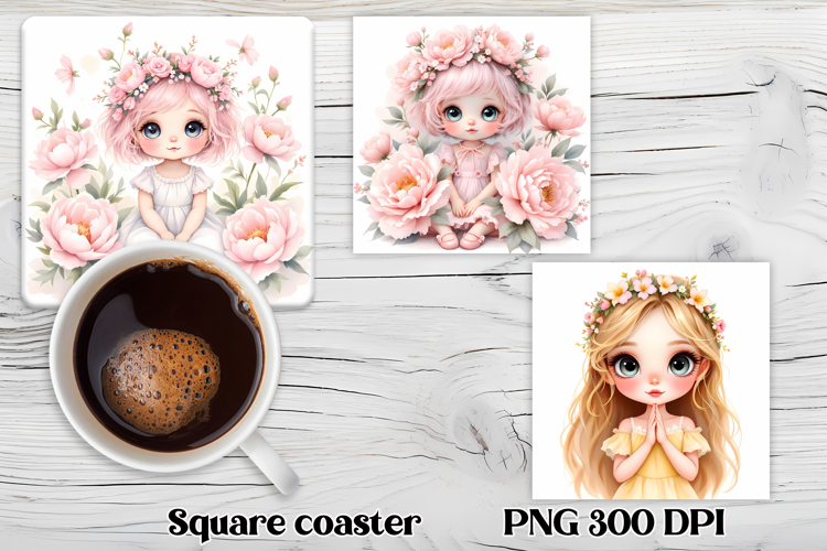 Cute doll flower square coaster sublimation | Sweet doll PNG