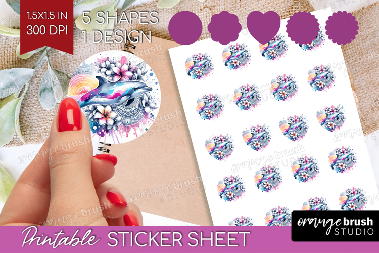 Dolphin Floral Round Sticker Tropical Printable Sticker