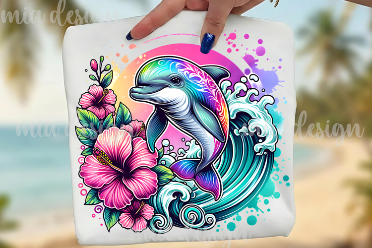Tropical Dolphin PNG, Floral Ocean Wave Summer Sublimation