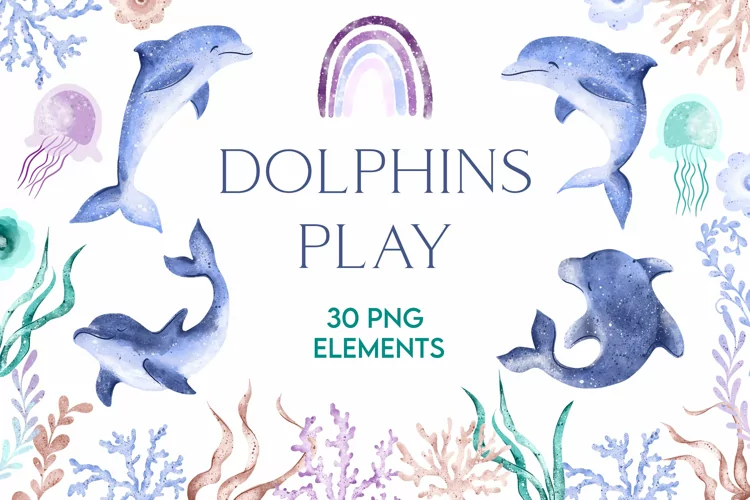 Dolphin clipart sea animals plants illustration watercolor