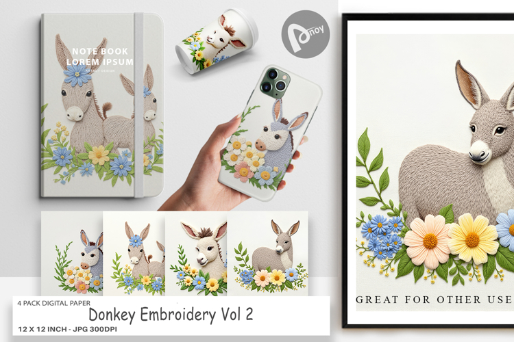 Digital Paper Donkey Embroidery