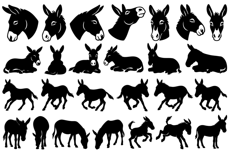 Donkey Silhouettes Set: Donkey Clipart Pack with PNG and SVG