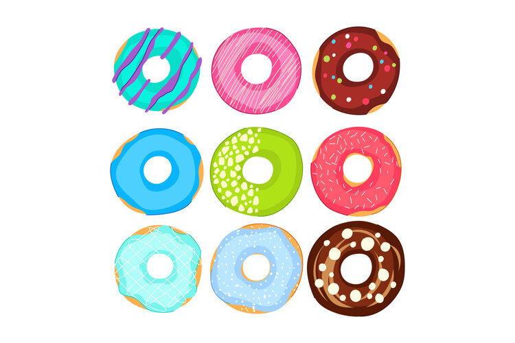 Colorful glazed donuts with various toppings pattern