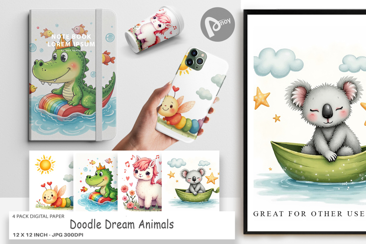 Digital Paper Doodle Dream Animals