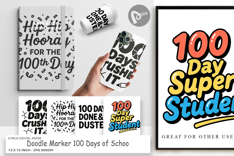Doodle Marker 100 Days Digital Paper example image 1