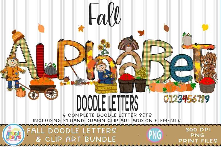 Fall Doodle Letters Alphabet bundle with clipart elements example image 1