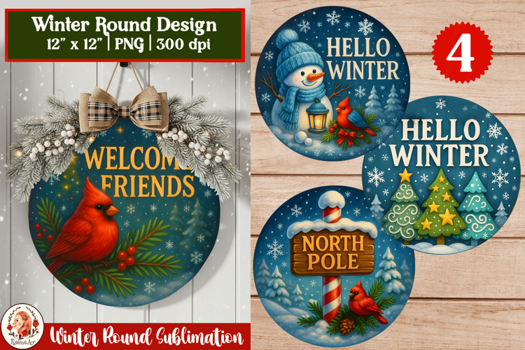 Winter Round Sublimation Design with Snowman