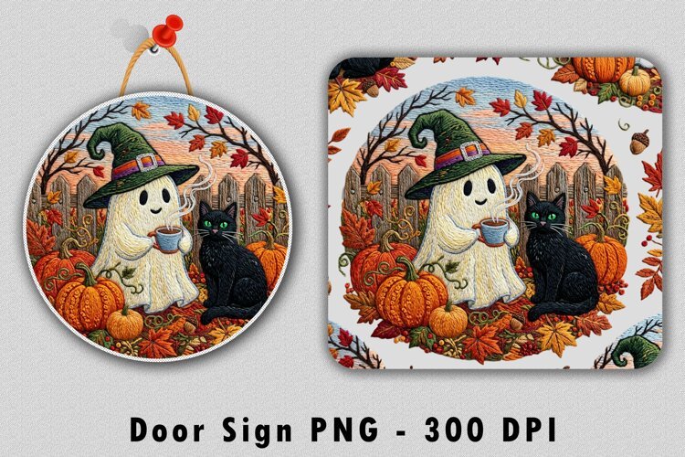 Ghost Witch Black Cat Door Sign PNG example image 1