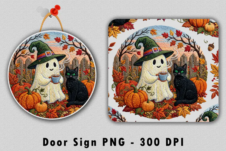 Ghost Witch Black Cat Door Sign PNG