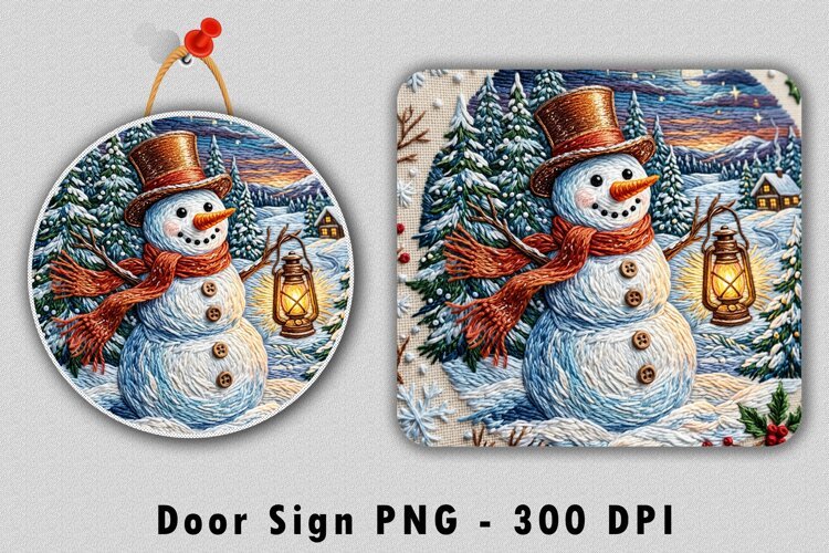 Embroidered Snowman Door Sign Sublimation PNG Design example image 1