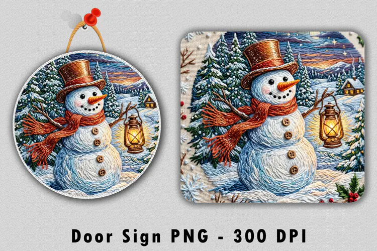 Embroidered Snowman Door Sign Sublimation PNG Design