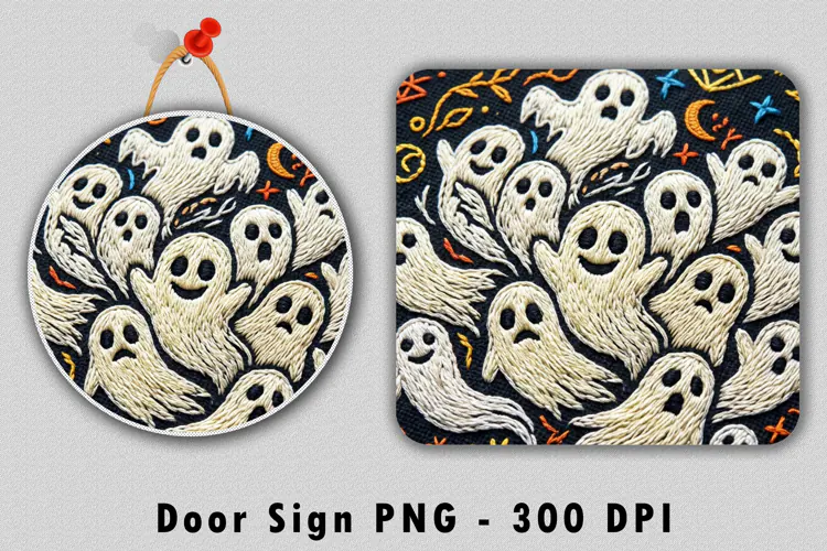 Spooky Embroidered Ghost Door Sign PNG