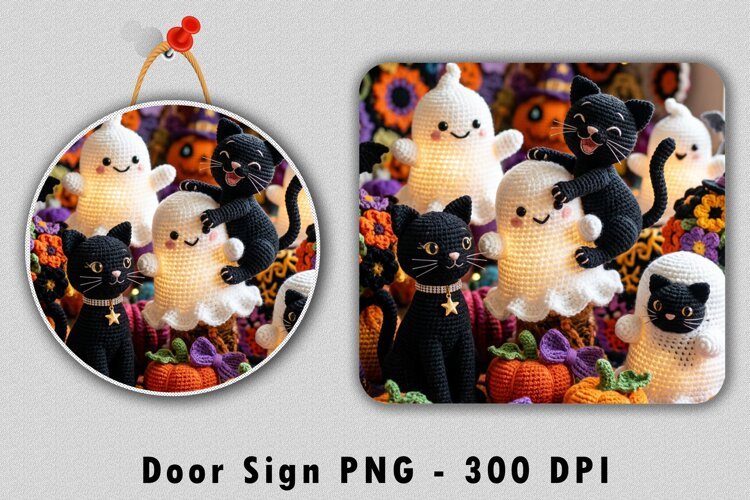 Crochet Halloween Cat and Ghost Door Sign PNG example image 1