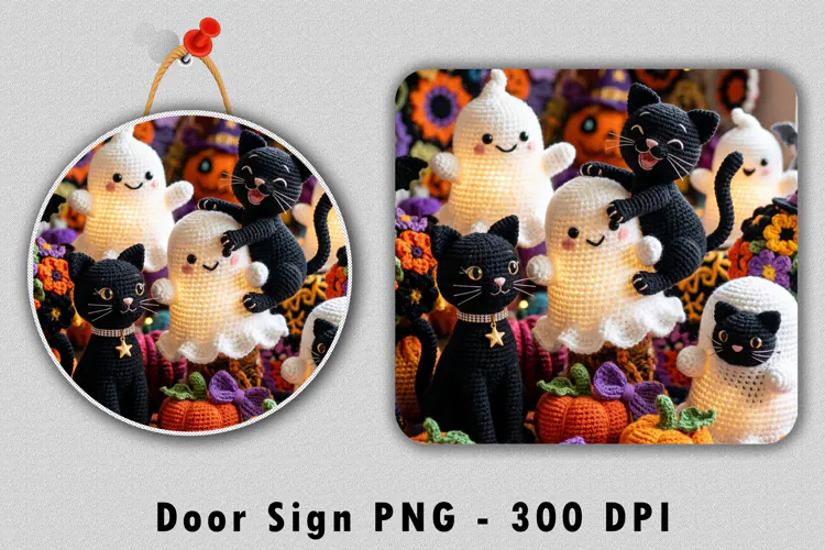 Crochet Halloween Cat and Ghost Door Sign PNG