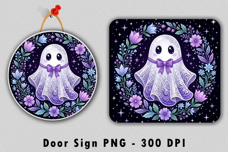Purple Lace Ghost Floral Door Sign PNG