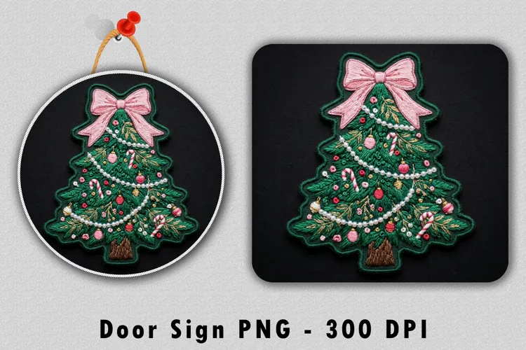 Embroidered Christmas Tree Door Sign Sublimation PNG
